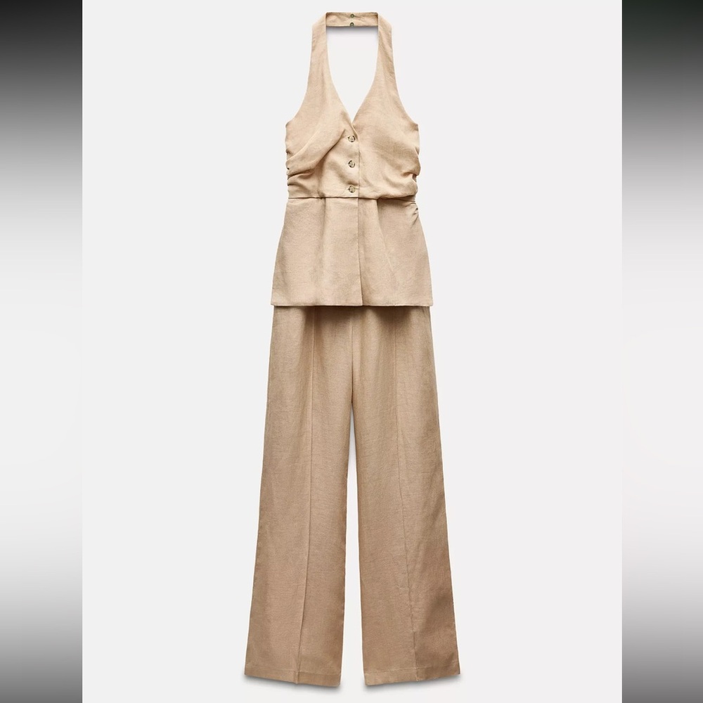 ZARA 100% LINEN HALTER VEST JUMPSUIT